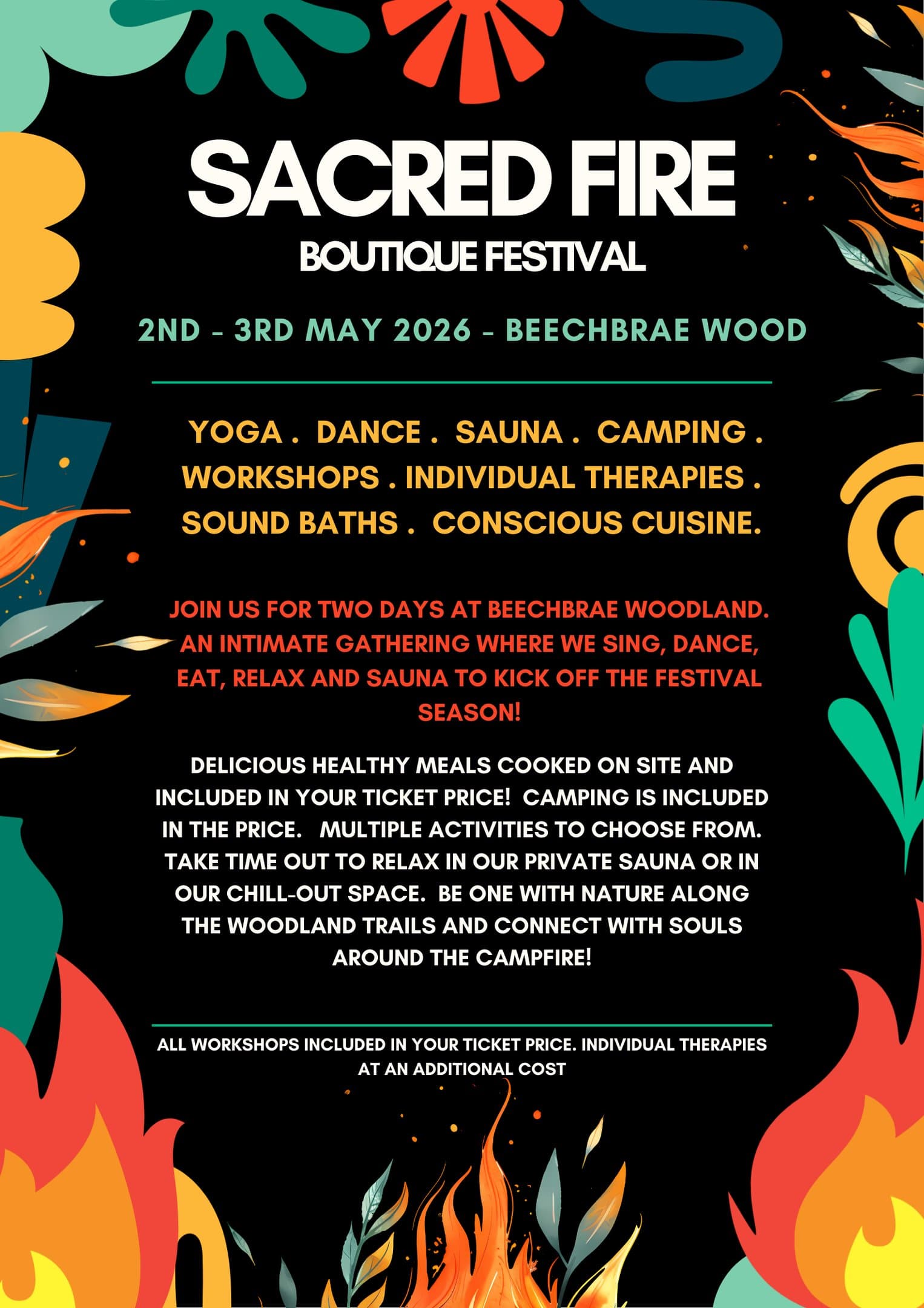Sacred Fire Boutique Festival | 2nd - 3rd May 2026 at Beechbrae Wood. Yoga, dance, sauna, camping, workshops, sound baths and more.